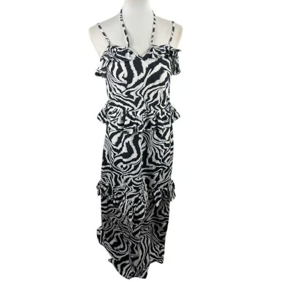 bigHit Zebra Print Halter Maxi Dress Ruffle Trim Sleeveless Black White M - Picture 1 of 4